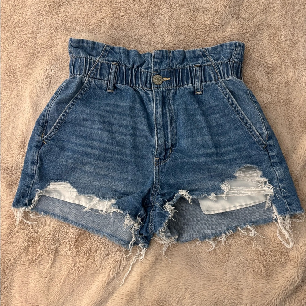 American Eagle Outfitters Blue Distressed Paperbag Waist Jean Shorts